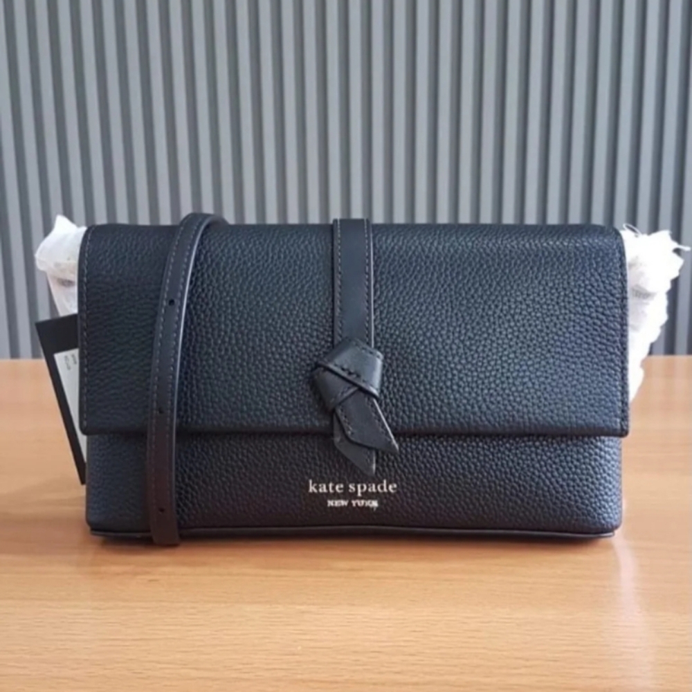 NWT Kate Spade KH154 Knott Flap Chain Leather Crossbody In Black